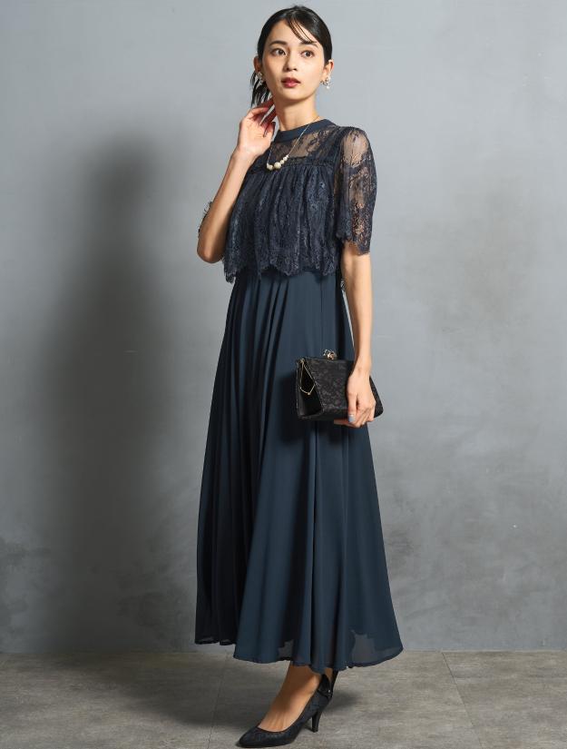 【LL/3L/5L】ブラウス風レースロングドレス（ネイビー）DPSET0733L
