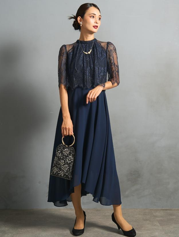 【LL】レーストップスヘム裾ドレス（ネイビー）DPSET0853L