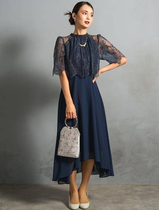 【M/L】レーストップスヘム裾ドレス（ネイビー）DPSET0854
