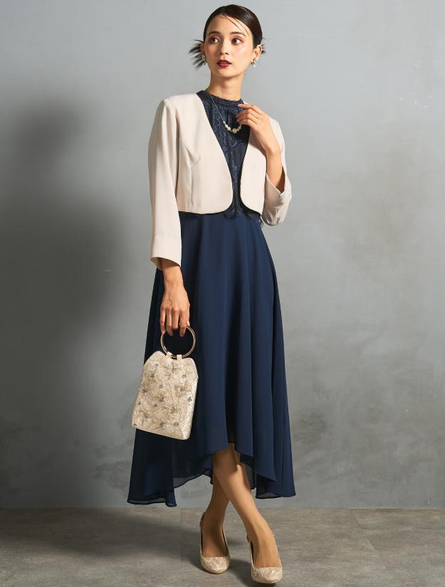 【M/L】レーストップスヘム裾ドレス（ネイビー）DPSET0855