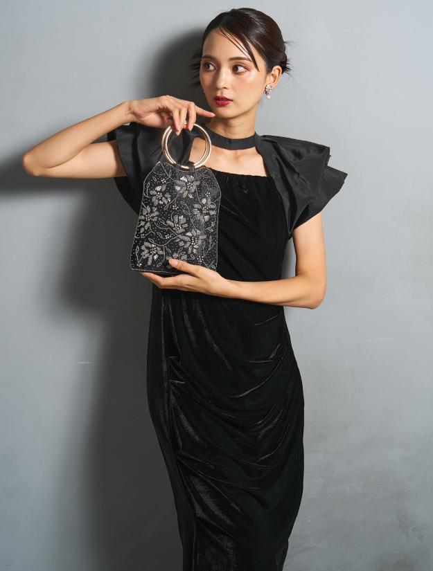 【M/L】ベロア×タフタドレープドレス（ブラック）DPSET0867