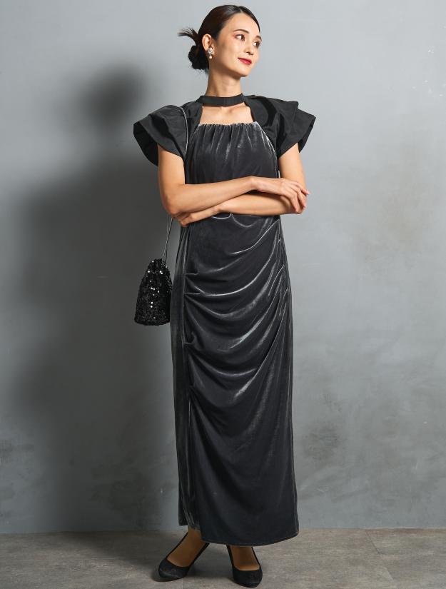 【M/L】ベロア×タフタドレープドレス（グレー）DPSET0868