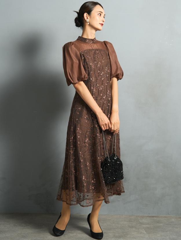 【M/L】ボタニカル刺繍レースドレス（ブラウン）DPSET0886