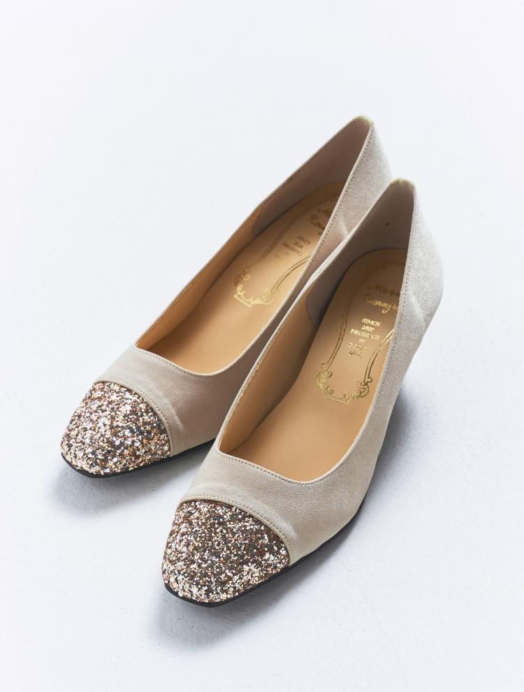 グリッターサテンパンプス（ベージュ）