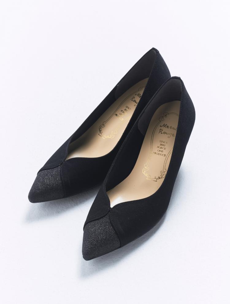 ラメ×サテン切替えパンプス（ブラック）