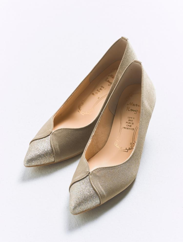 ラメ×サテン切替えパンプス（ベージュ）