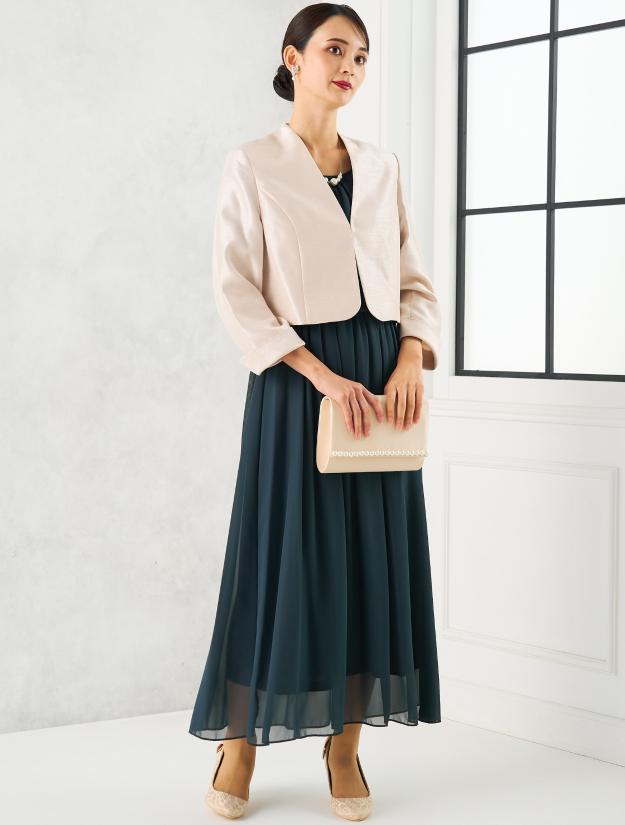 【LL〜5L】袖スリットレースロングドレス（グリーン）DPSET0681L