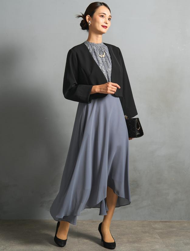 【LL】レーストップスヘム裾ドレス（ブルーグレー）DPSET0770L