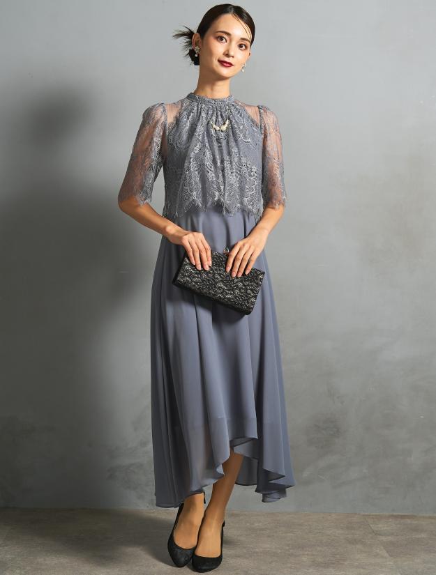 【LL】レーストップスヘム裾ドレス（ブルーグレー）DPSET0769L