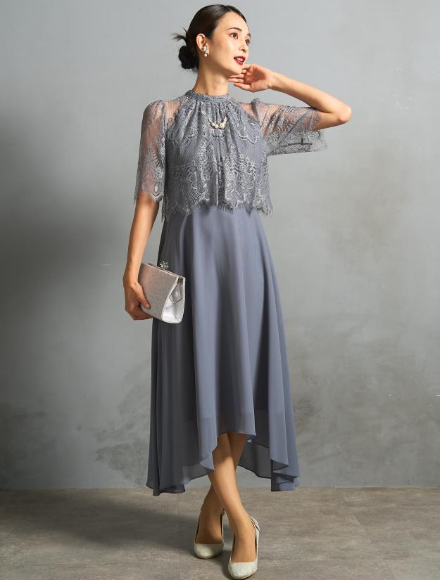 【M/L】レーストップスヘム裾ドレス（ブルーグレー）DPSET0768