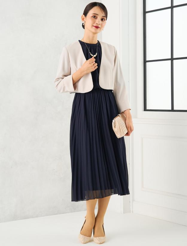 【M】スタンドネックプリーツミモレ丈ドレス（ネイビー）DPSET0680