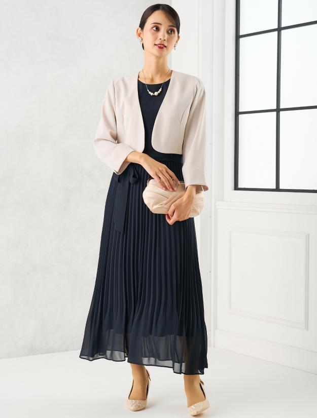 【M/L】ベルト付きプリーツミモレ丈ドレス（ネイビー）DPSET0688