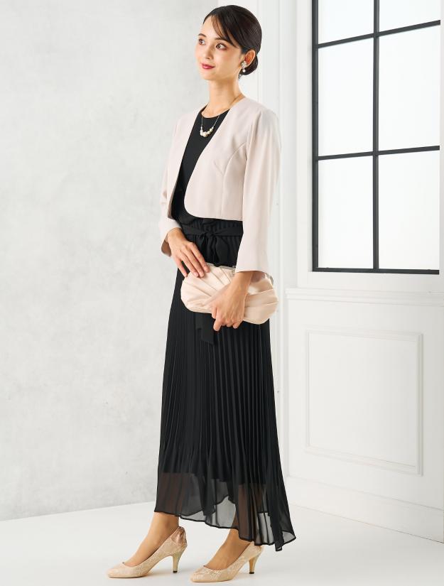 【M/L】ベルト付きプリーツミモレ丈ドレス（ブラック）DPSET0690