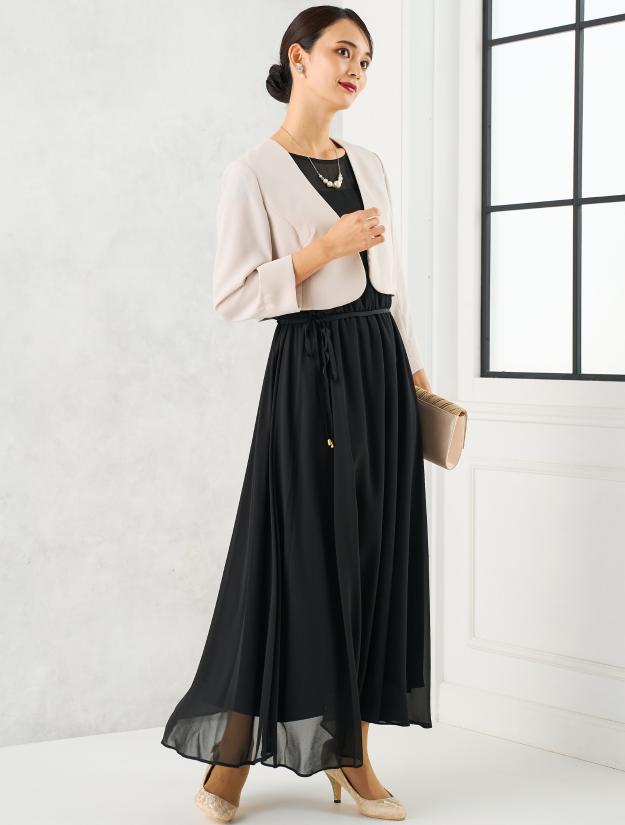 【M】オーガンジー胸元透かしミディ丈ドレス（ブラック）DPSET0692