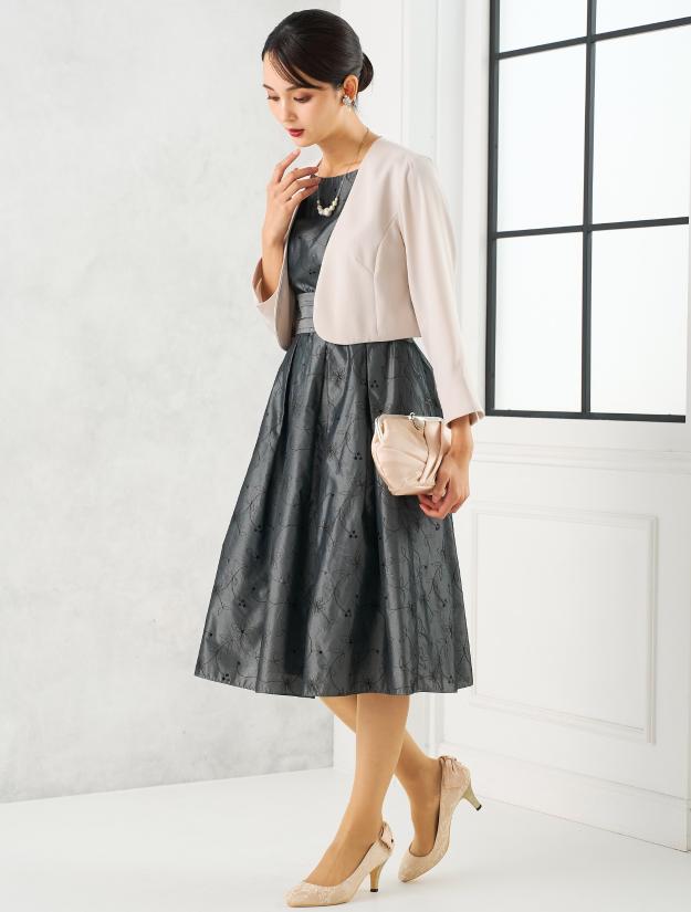 【M/L】シャンブレータフタ刺繍フィット＆フレアドレス（グレー）DPSET0694