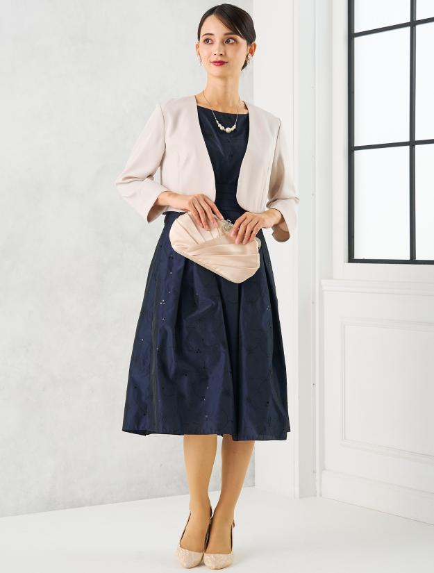 【LL/3L/5L】シャンブレータフタ刺繍フィット＆フレアドレス（ネイビー）DPSET0696L