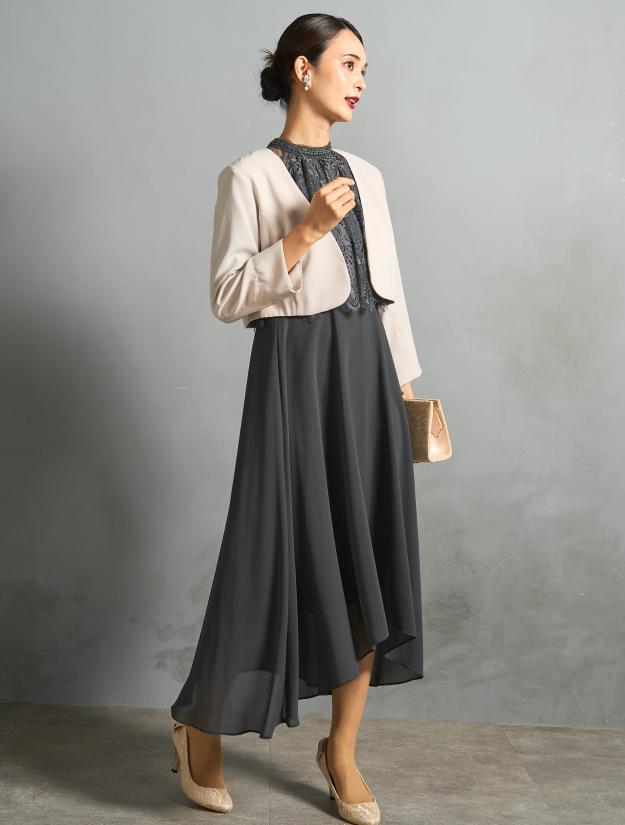 【LL】レーストップスヘム裾ドレス（Cグレー）DPSET0773L