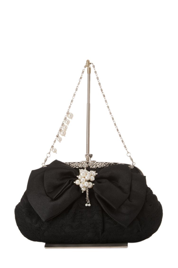 リボン×レースラウンドバッグ（ブラック）