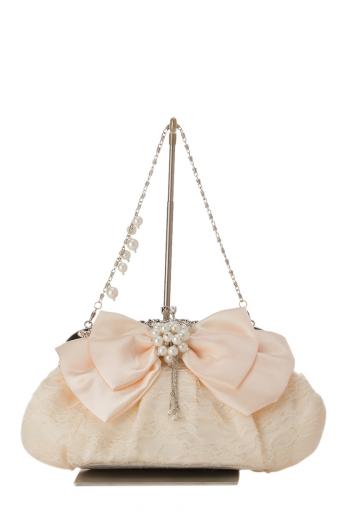 リボン×レースラウンドバッグ（ベージュ）