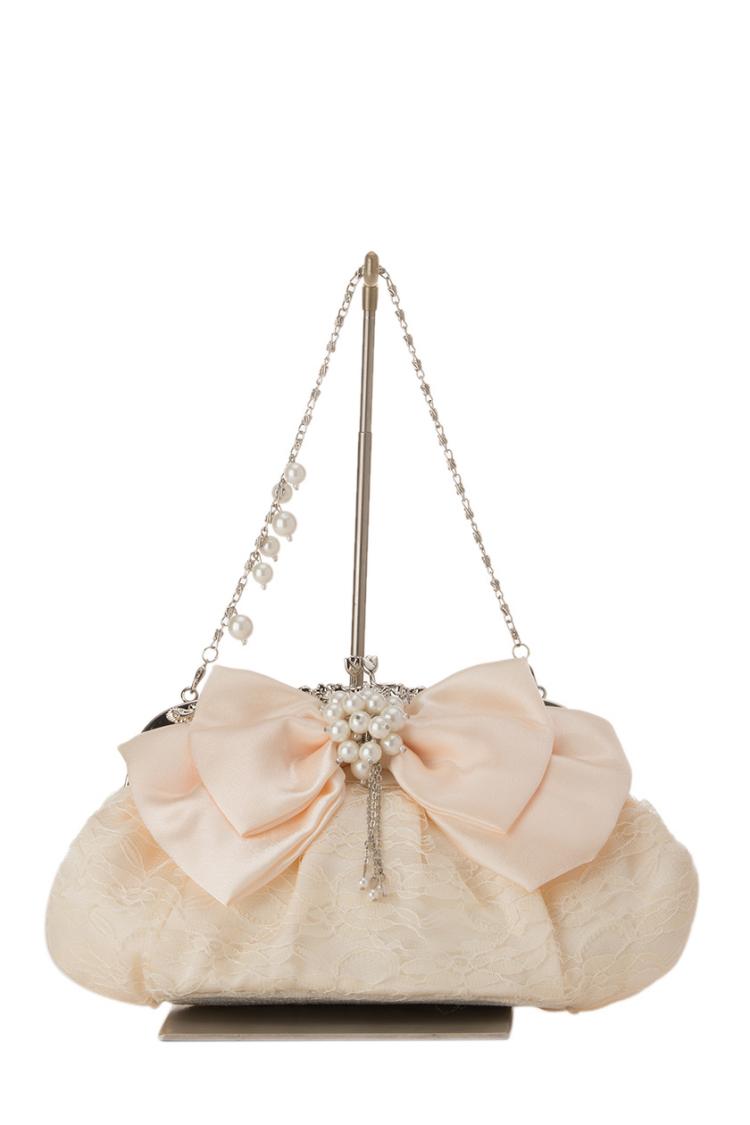 リボン×レースラウンドバッグ（ベージュ）