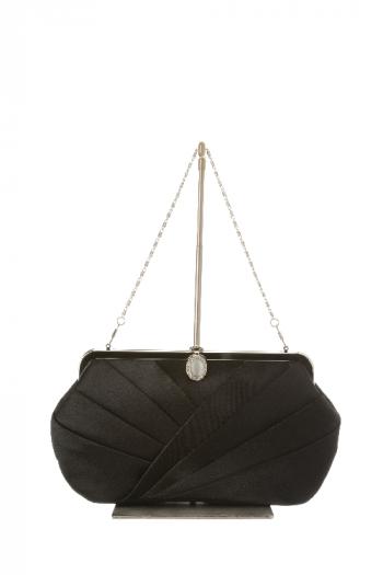 ストーン付きサテンタックがま口バッグ（ブラック）