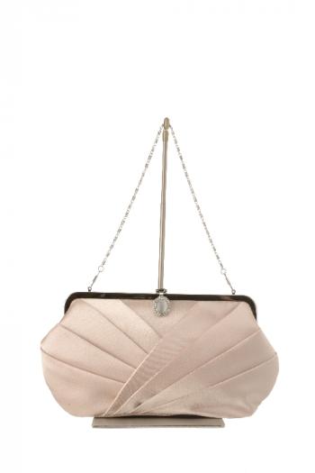 ストーン付きサテンタックがま口バッグ（ベージュ）