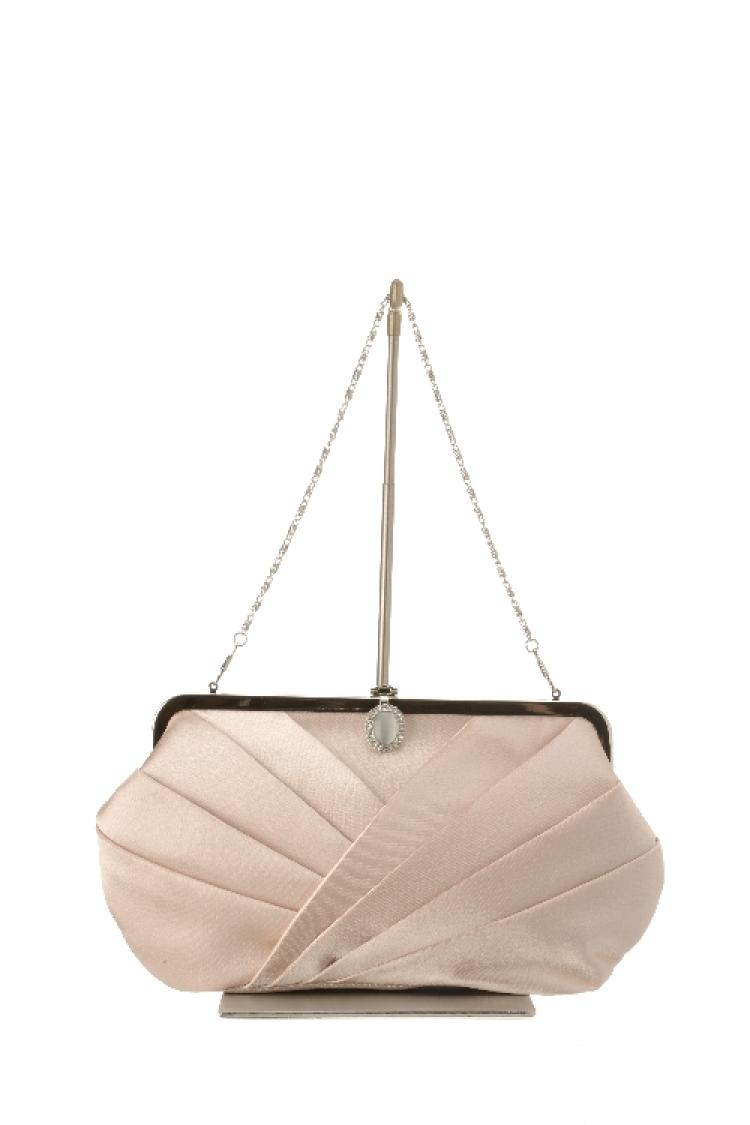 ストーン付きサテンタックがま口バッグ（ベージュ）