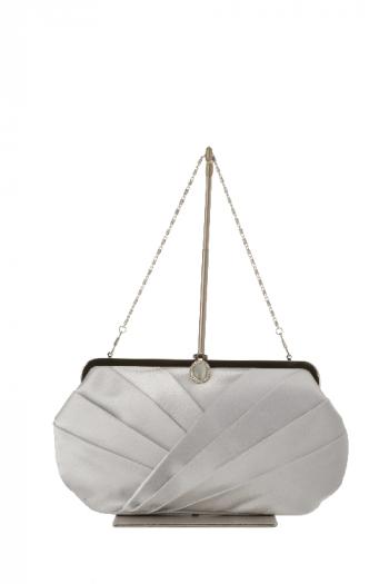 ストーン付きサテンタックがま口バッグ（シルバー）