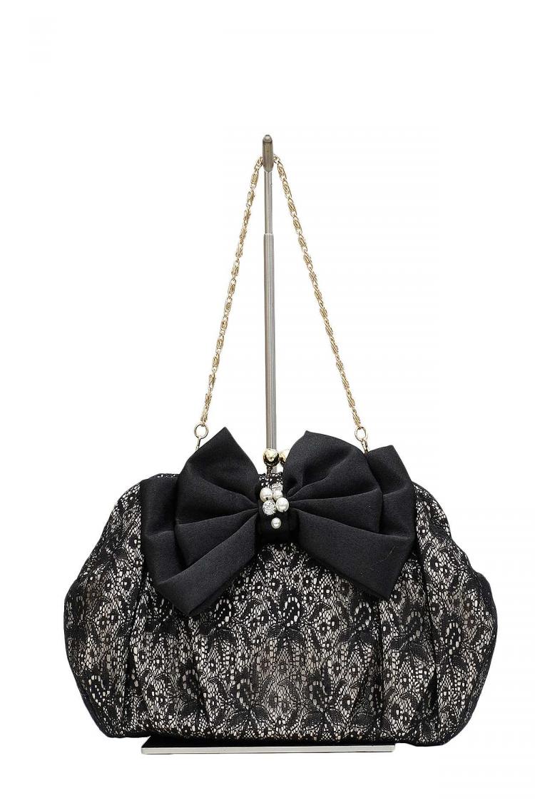 BIGリボンがま口レースバッグ（ブラック）