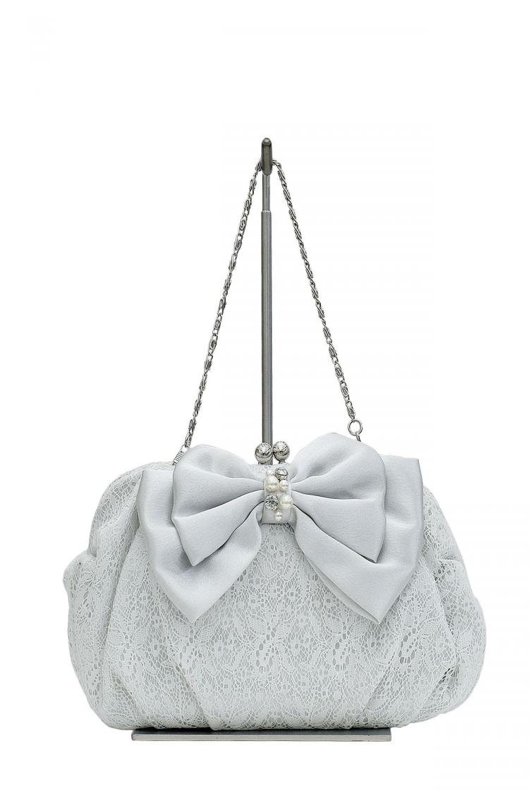 BIGリボンがま口レースバッグ（シルバー）