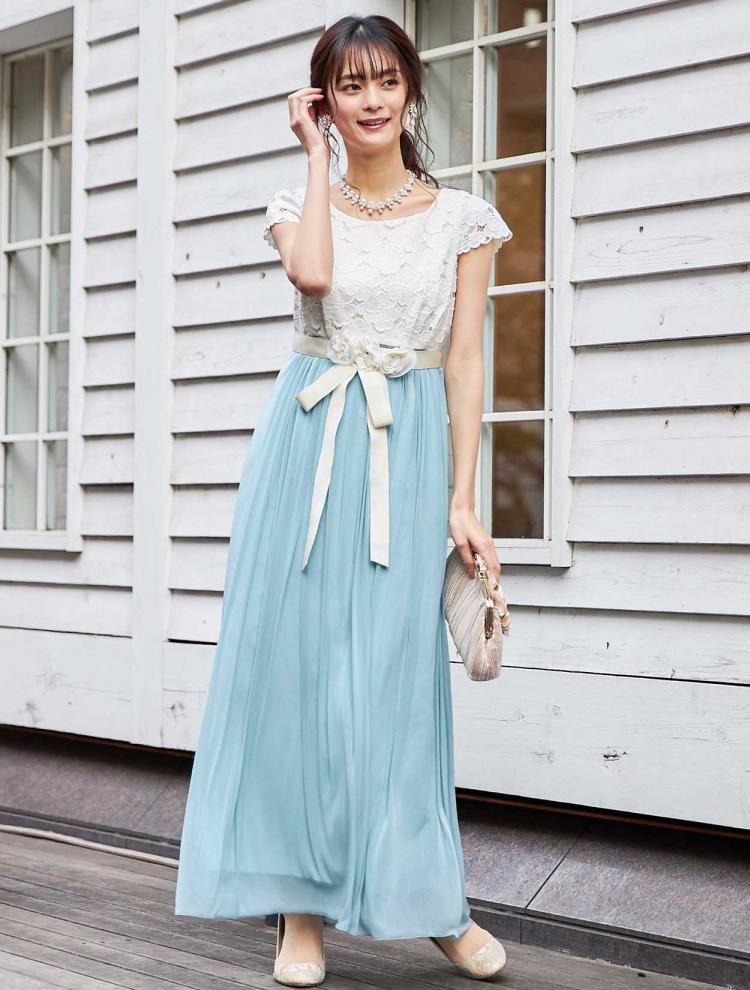 【M】フラワーレースマキシ丈ドレス（グリーン）DPSET0011