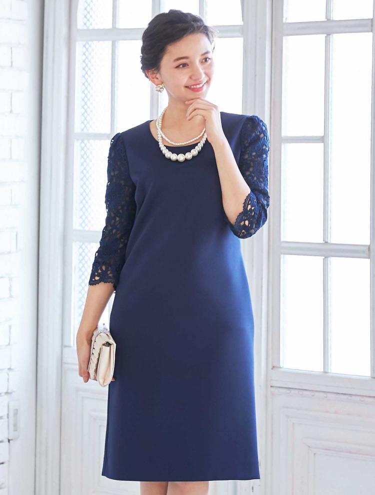 【M/L】袖レースジャージードレス（ネイビー）DPSET0014