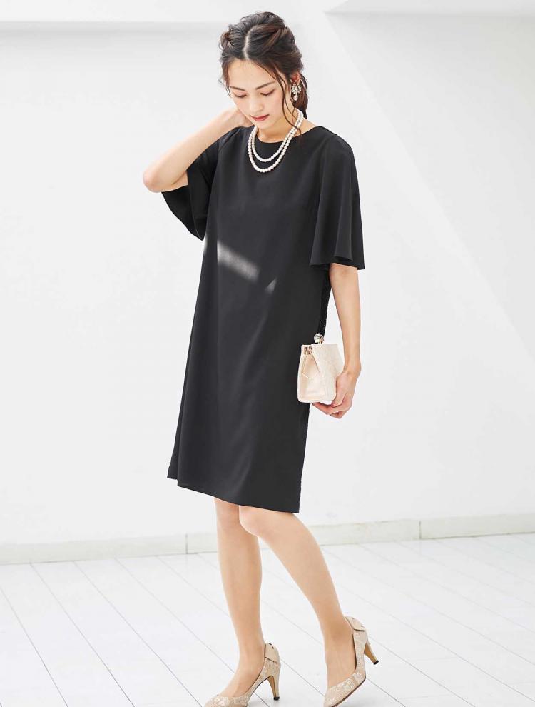 【M/L】バックレース＆リボンストレートドレス（ブラック）DPSET0019