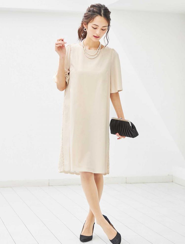 【M/L】バックレース＆リボンストレートドレス（ベージュ）DPSET0021