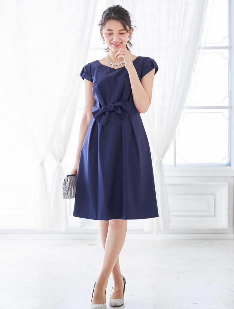 【M】キャップスリーブフィット＆フレアドレス（ネイビー）DPSET0039