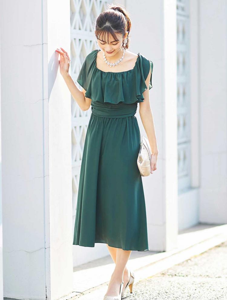 【M】フリルスリーブパンツドレス（グリーン）DPSET0042