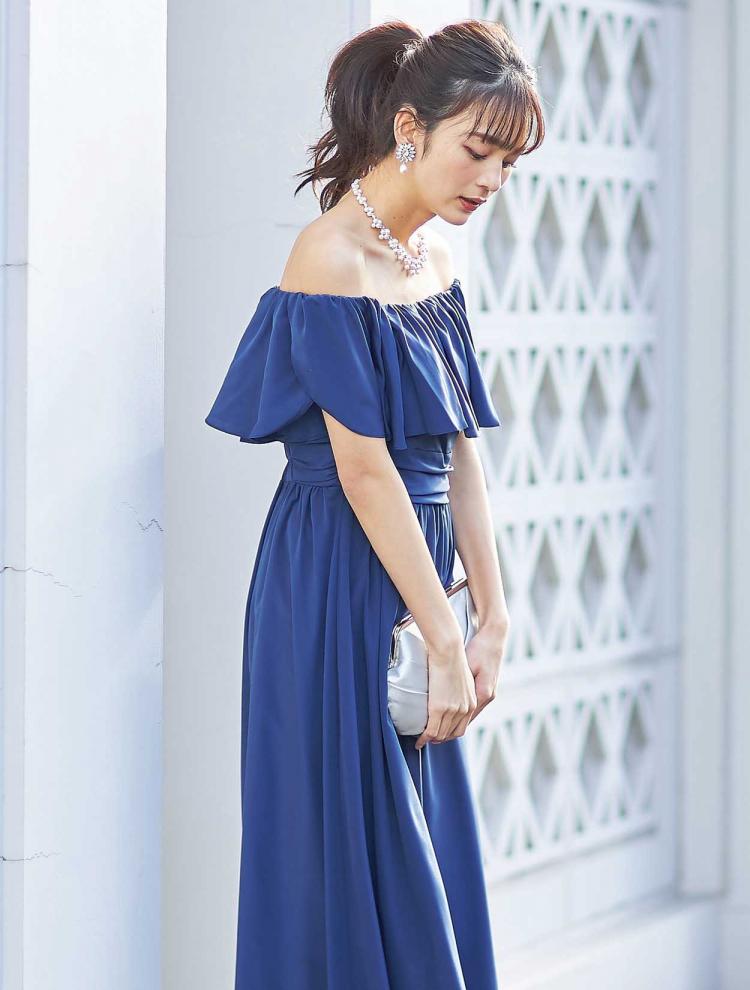【M】フリルスリーブパンツドレス（ブルー）DPSET0045