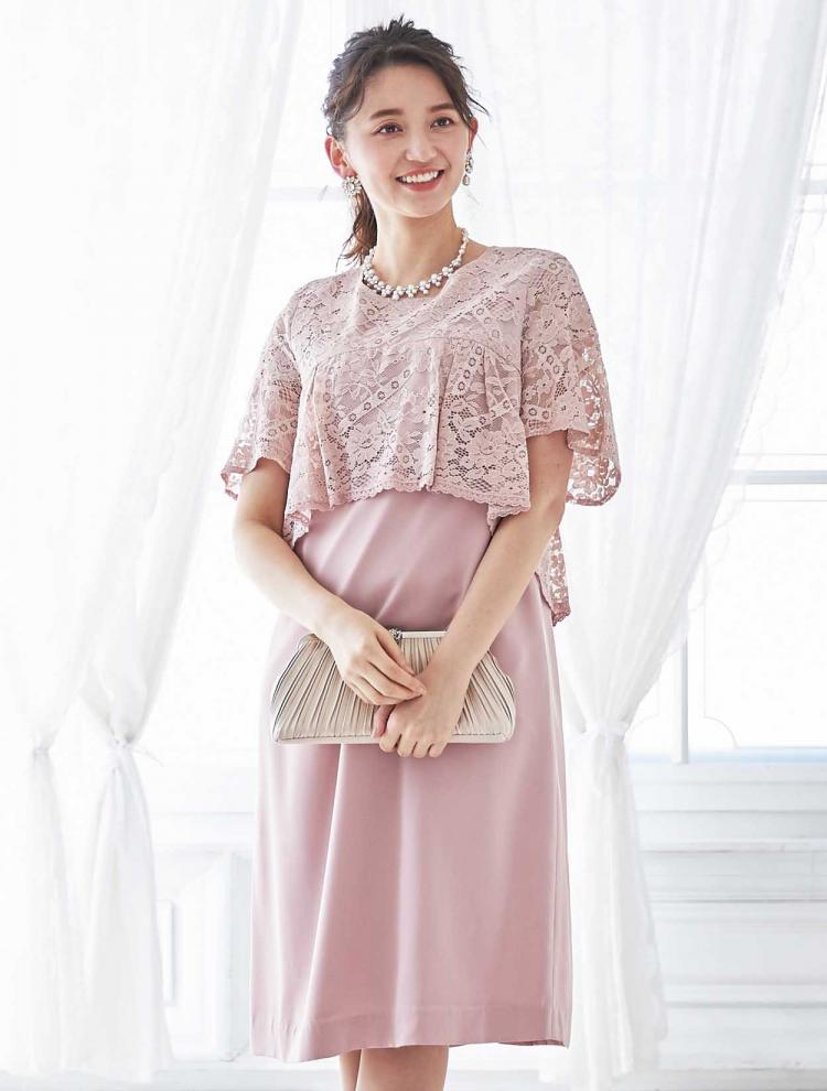 【M】五分袖レースサックドレス（ピンク）DPSET0060