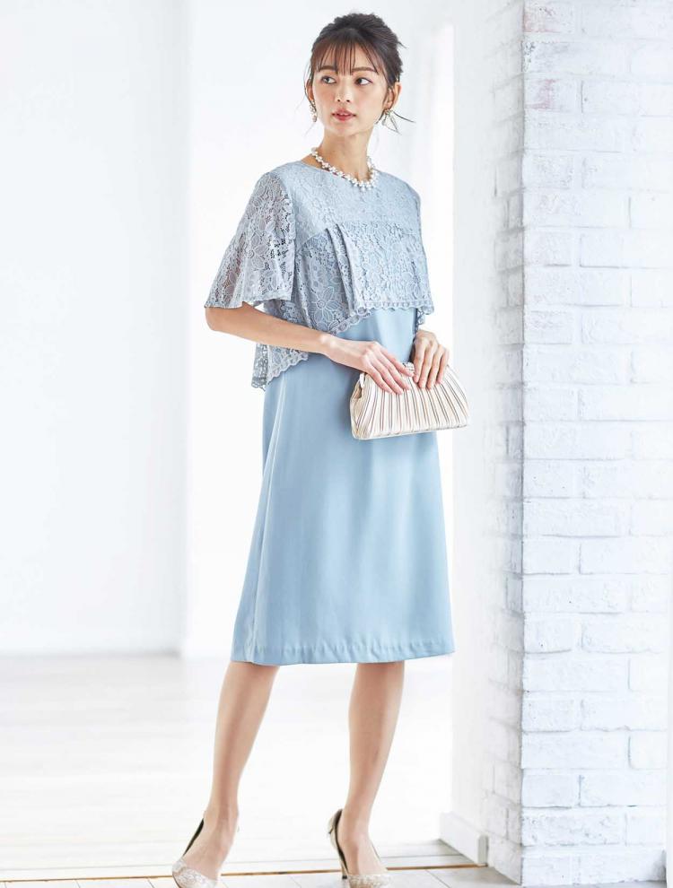 【S/M】五分袖レースサックドレス（サックス）DPSET0050