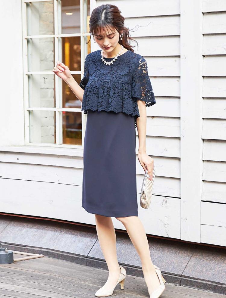【M】五分袖レースサックドレス（ネイビー）DPSET0053