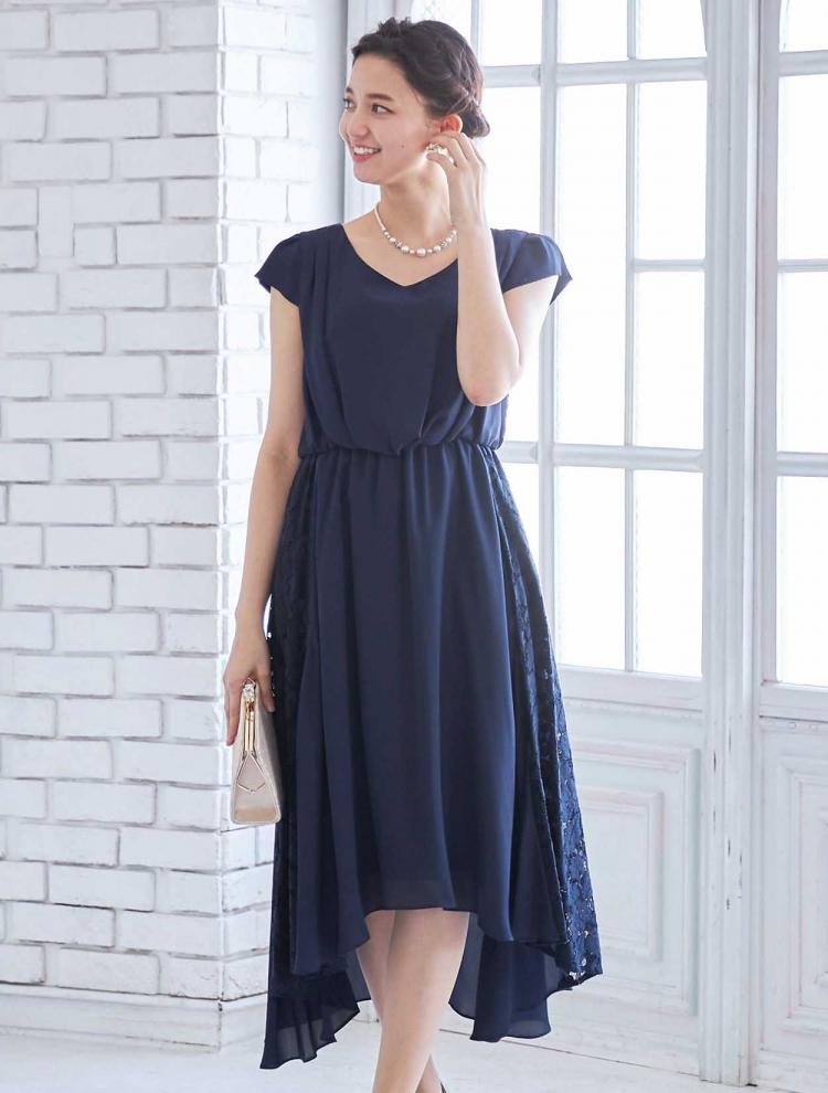 【M】サイドレースヘム裾ドレス（ネイビー）DPSET0193