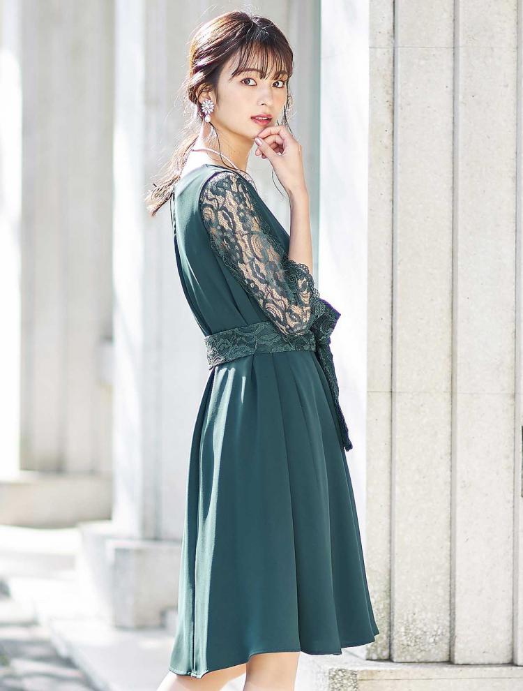 【M】レーススリーブフレアドレス（グリーン）DPSET0198