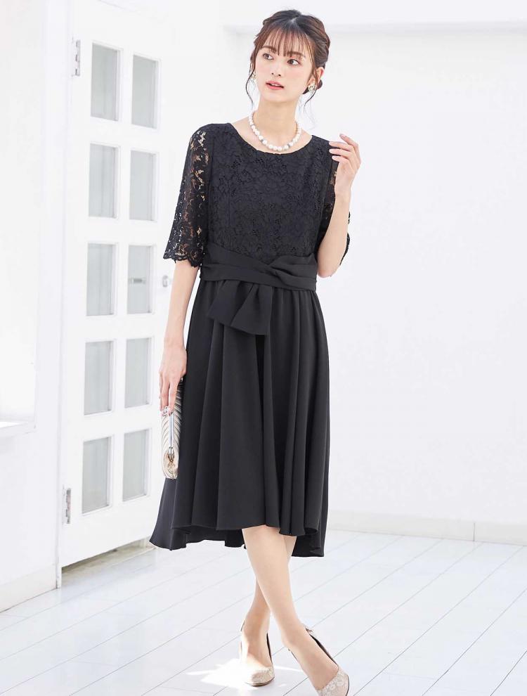 【M】レーストップスミディ丈ドレス（ブラック）DPSET0201