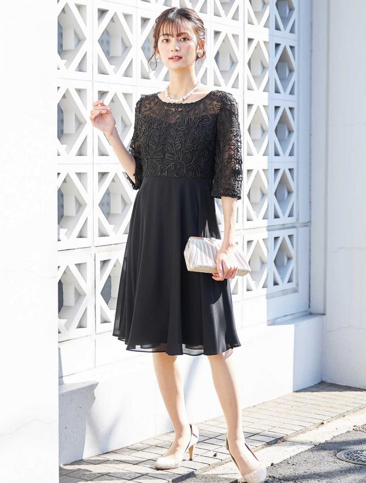 【M】フラワー刺繍切替ドレス（ブラック）DPSET0210