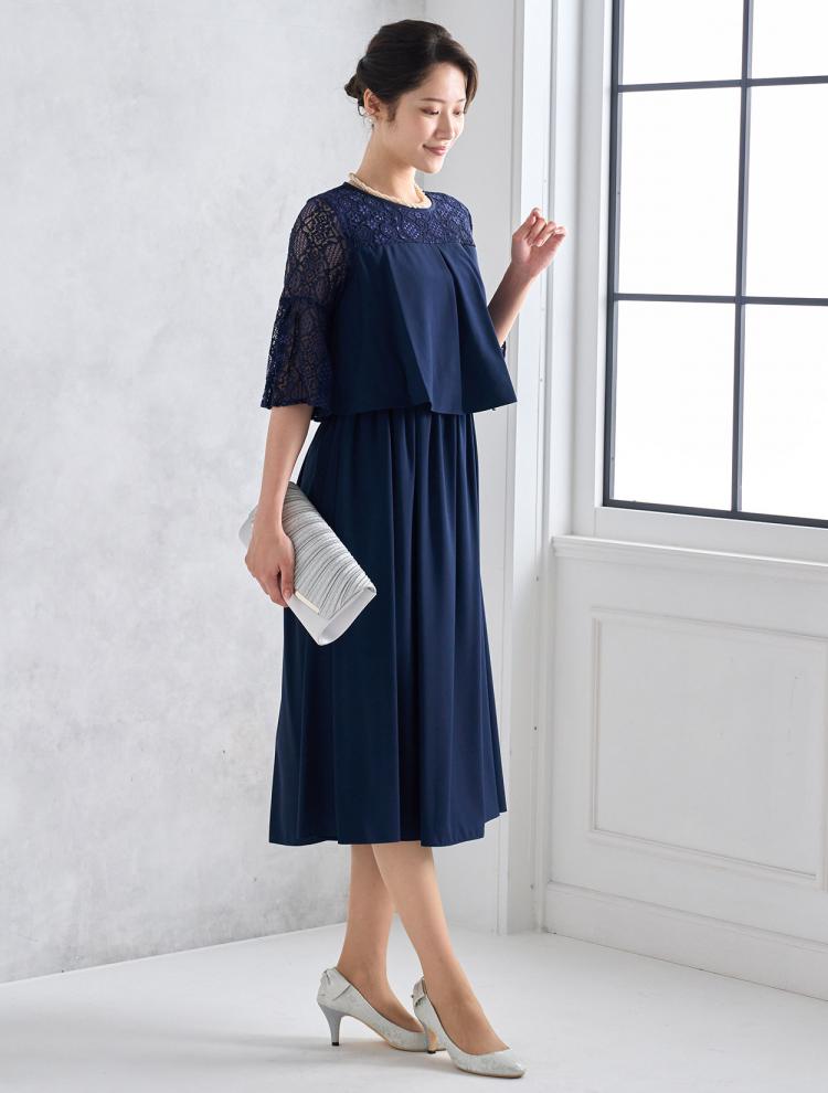 【M/L】ベアレース切替タックBLドレス（ネイビー）DPSET0439