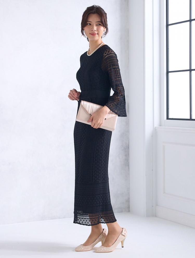 【M/L】レース７分袖タイトドレス（ブラック）DPSET0440