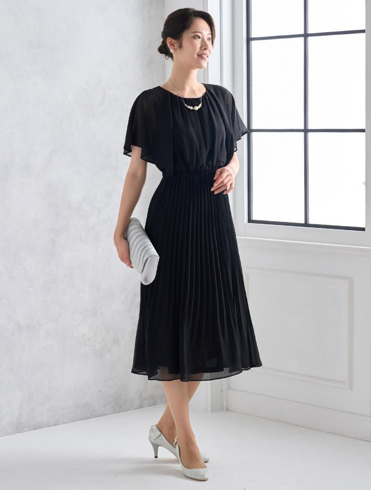 【M】フレアスリーブプリーツドレス（ブラック）DPSET0447