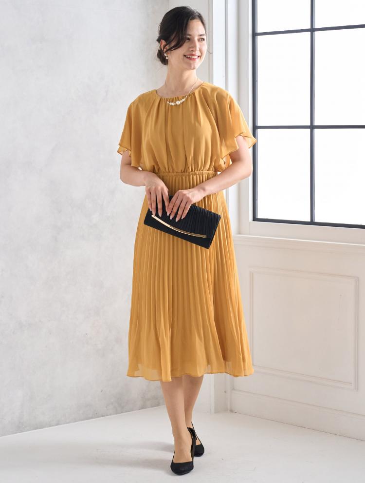 【LL/3L】フレアスリーブプリーツドレス（イエロー）DPSET0456L