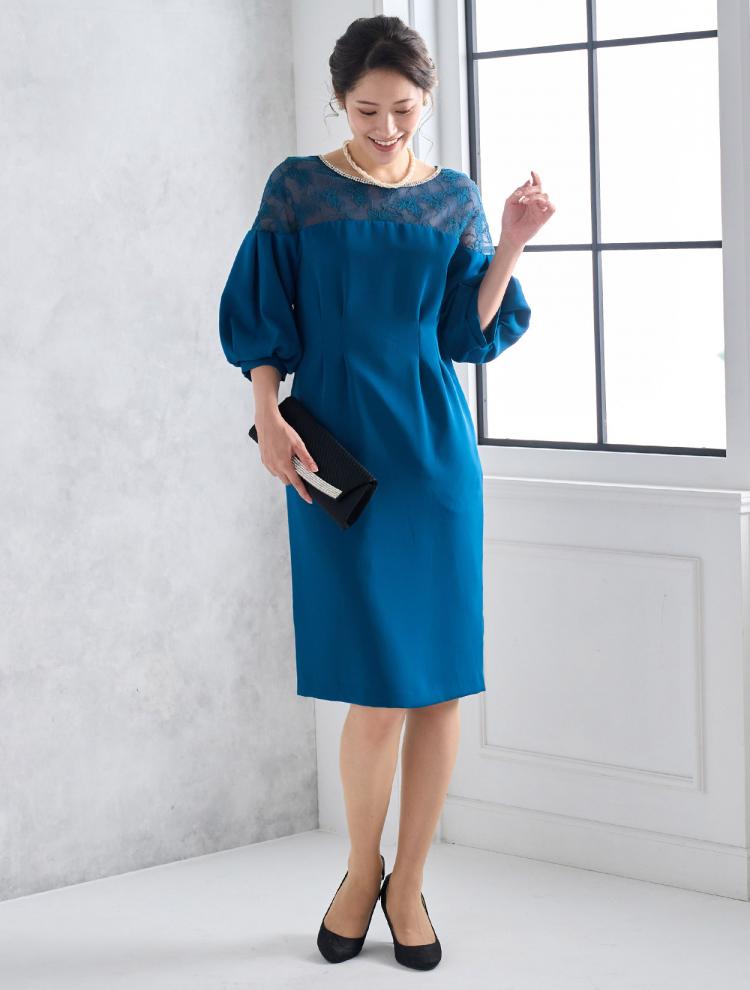 【M】レース切替ベアタイトドレス（ブルー）DPSET0458