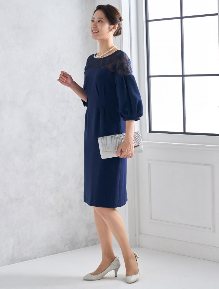 【M】レース切替ベアタイトドレス（ネイビー）DPSET0459